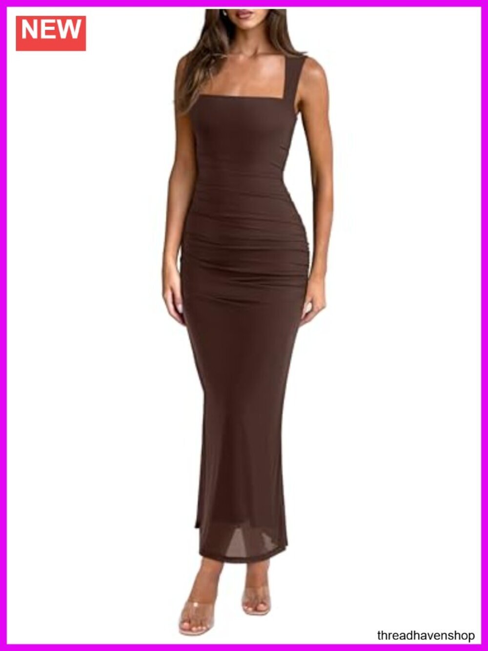 Sleeveless Square Neck Sheer Mesh Ruched Bodycon Maxi Dress